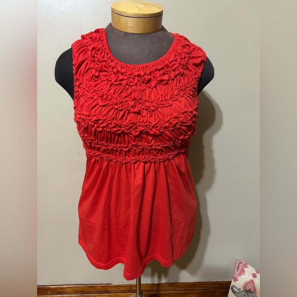 Anthropologie Red Smocked Deletta Ruffle Tee Top M